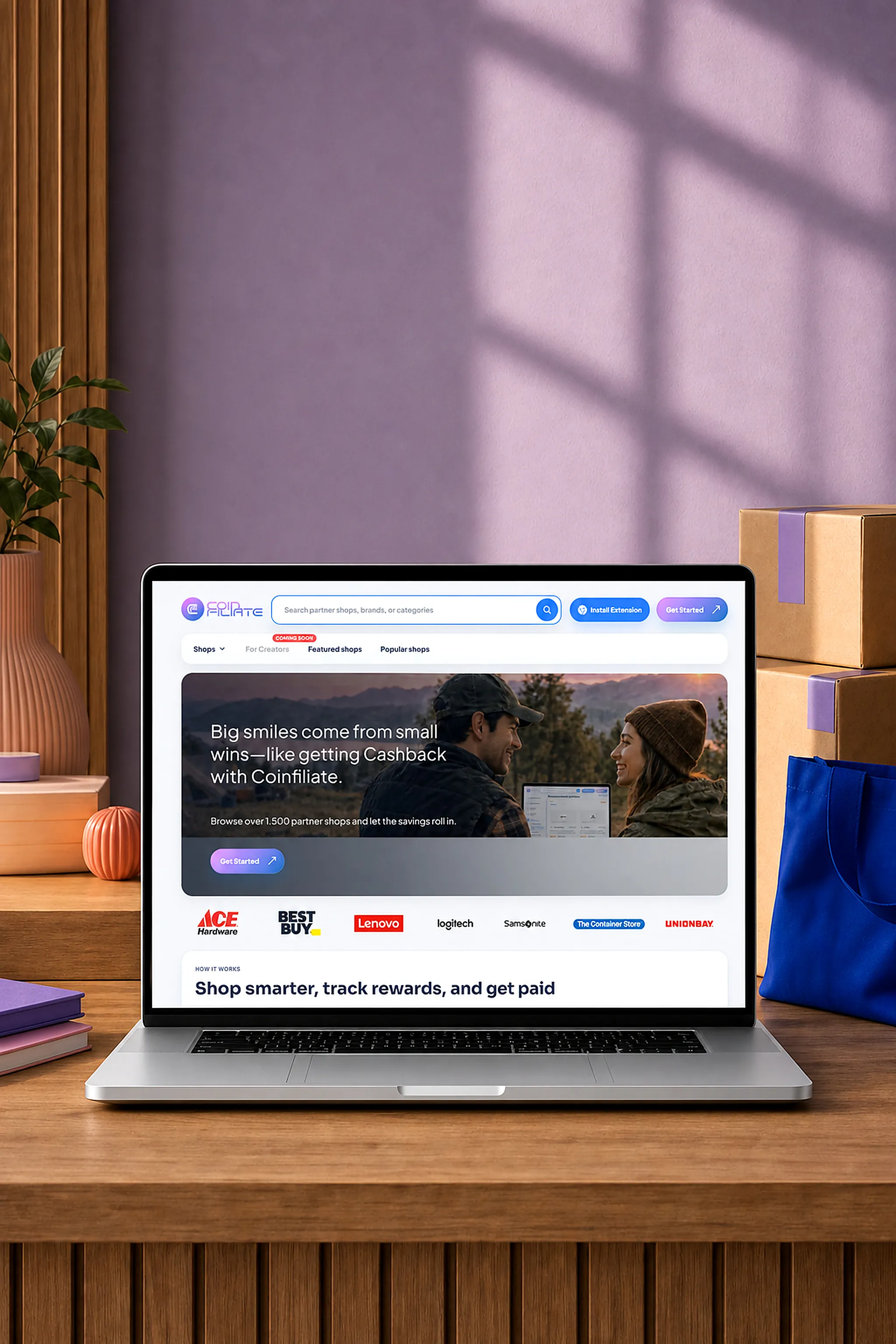 Coinfiliate shopping platform homepage displaying partner stores and their cashback reward rates.