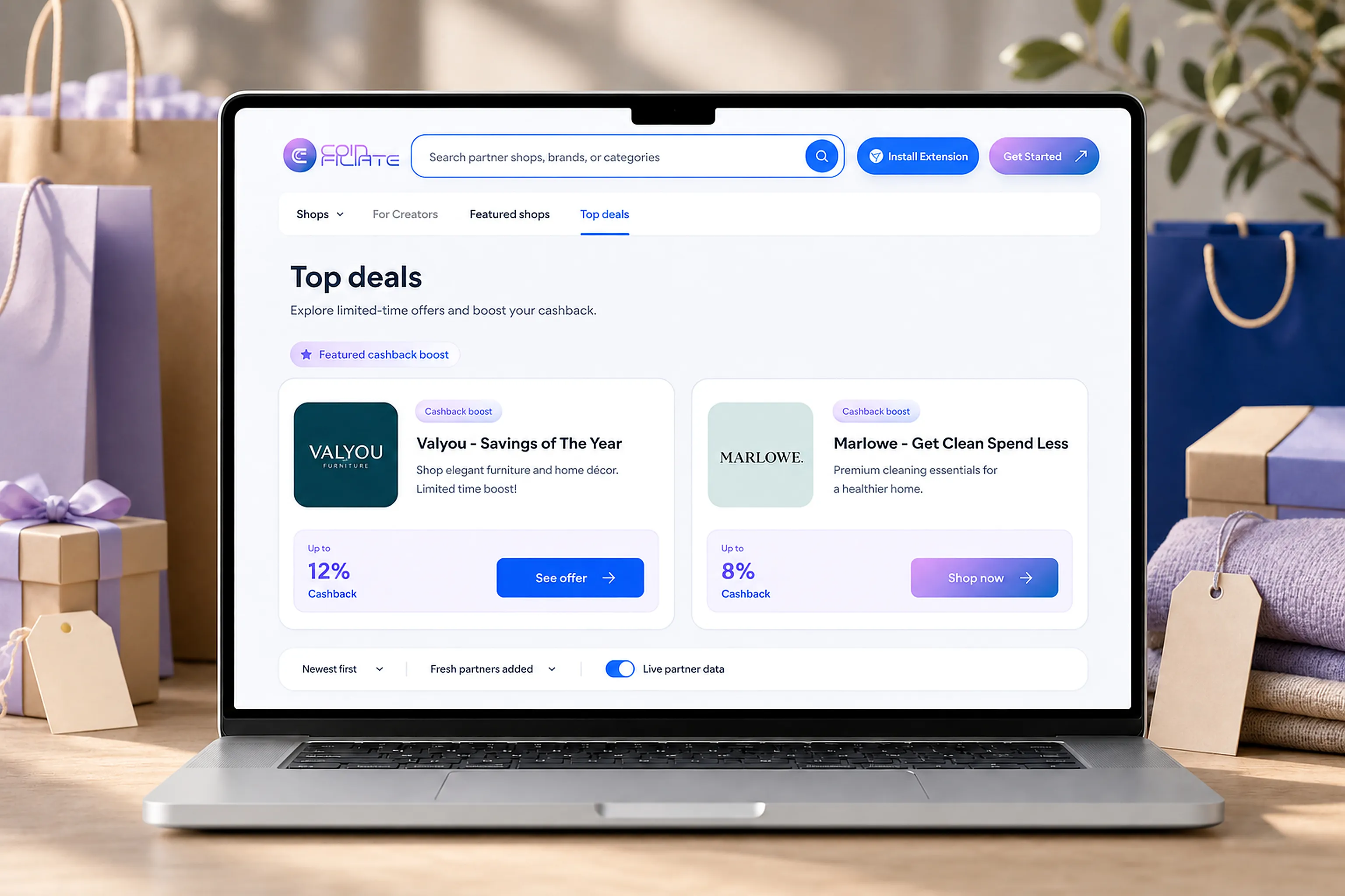 Coinfiliate shopping platform homepage displaying partner stores and their cashback reward rates.
