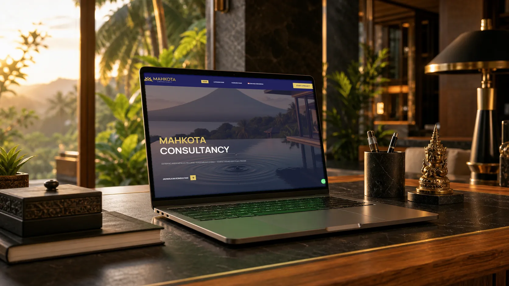Mahkota Consultancy brand and website mockups